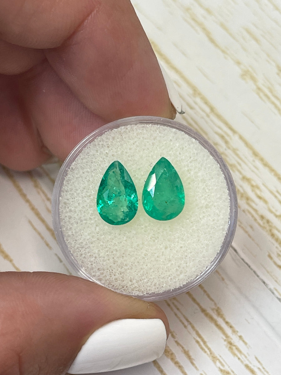 Matching 10x7 Pear-Cut Colombian Emeralds - Earthy Colors, 2.73tcw