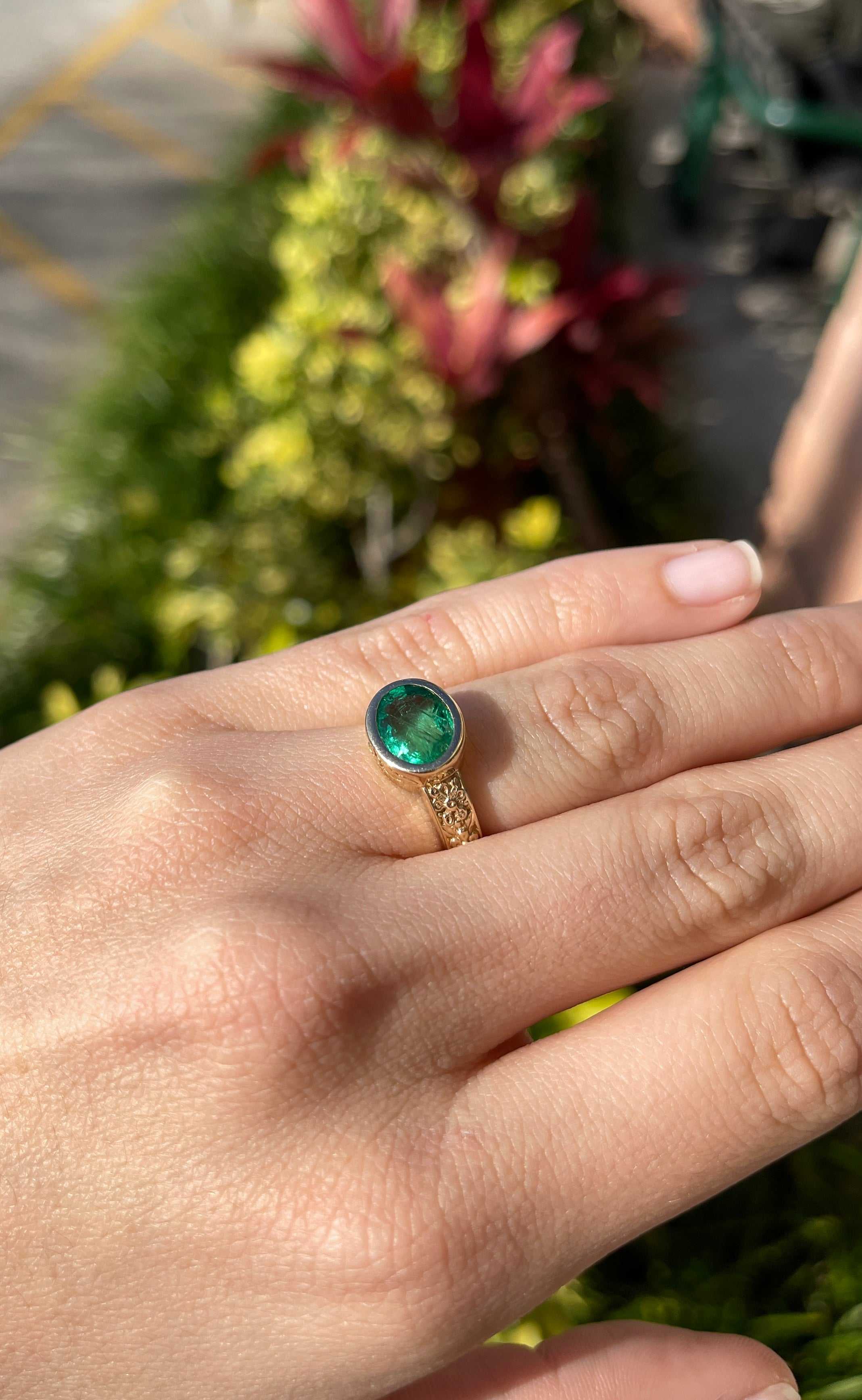 3.20 Carat East-West Oval Emerald Bezel Set Solitaire Floral Ring - JR Colombian Emeralds