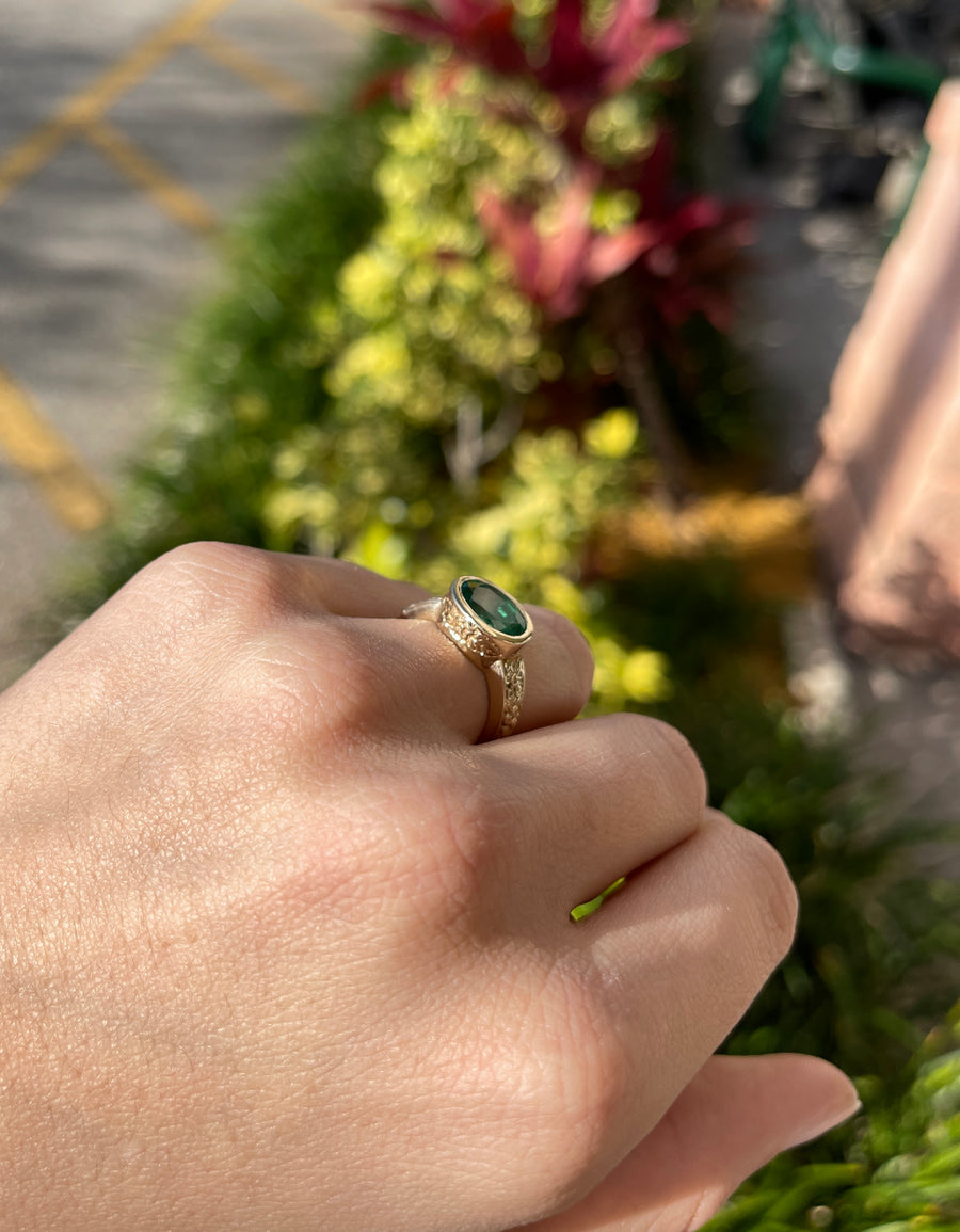 3.20 Carat East-West Oval Emerald Bezel Set Solitaire Floral Ring