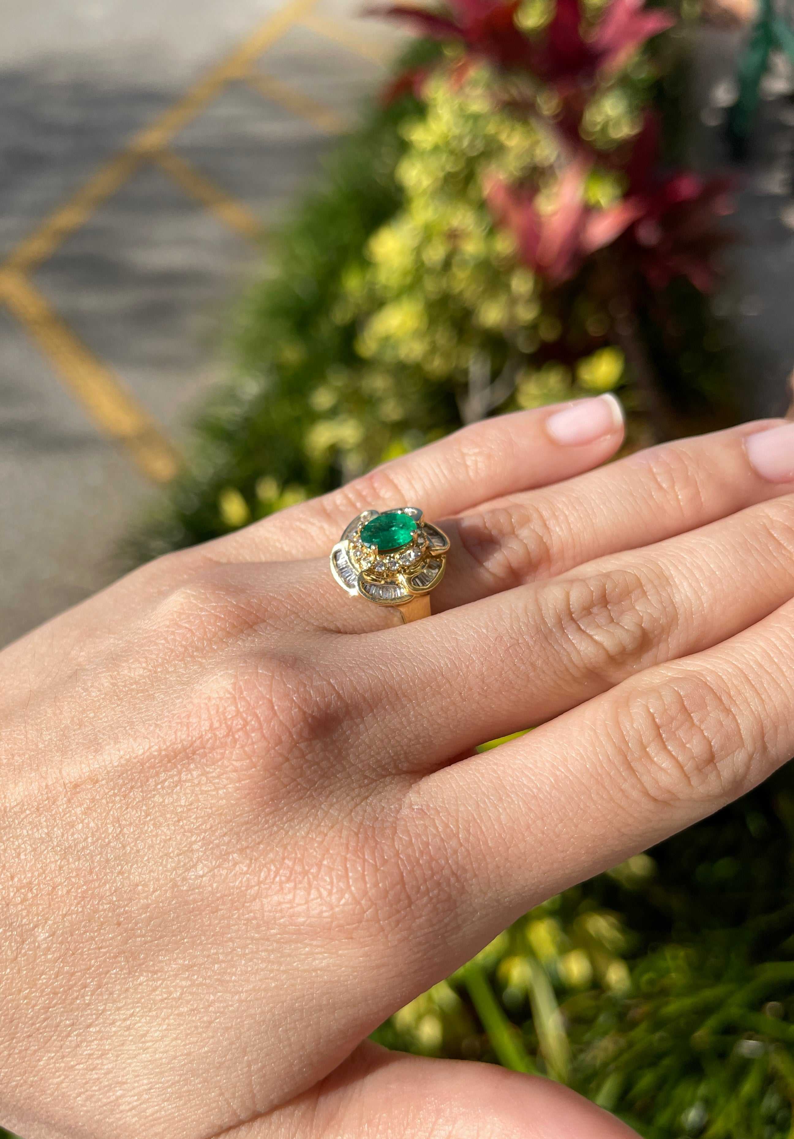 2.50tcw Oval Emerald & Baguette Diamond Floral Ring 14K