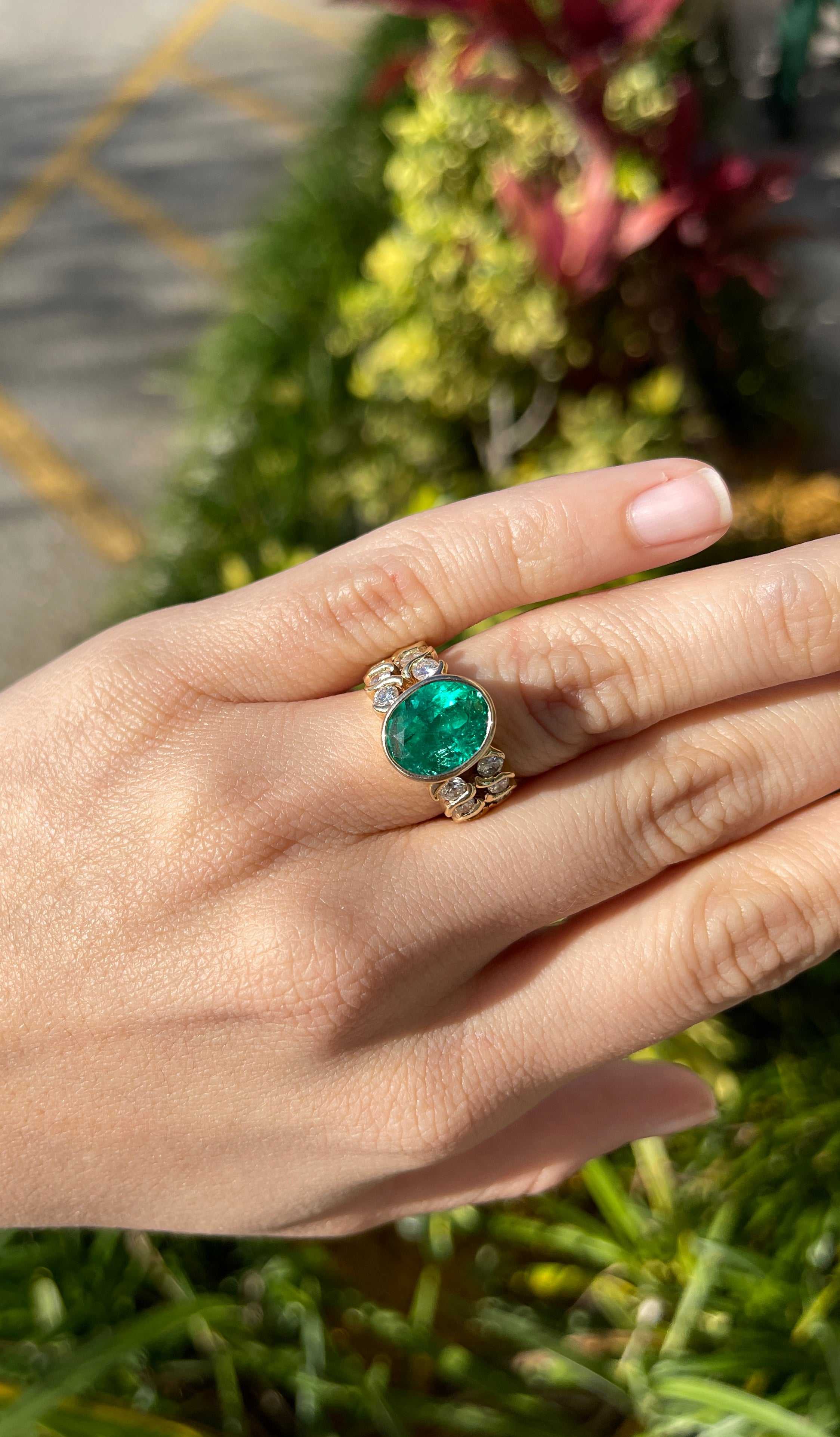 5.80tcw Bezel Set Oval Colombian Emerald  Ring 14k