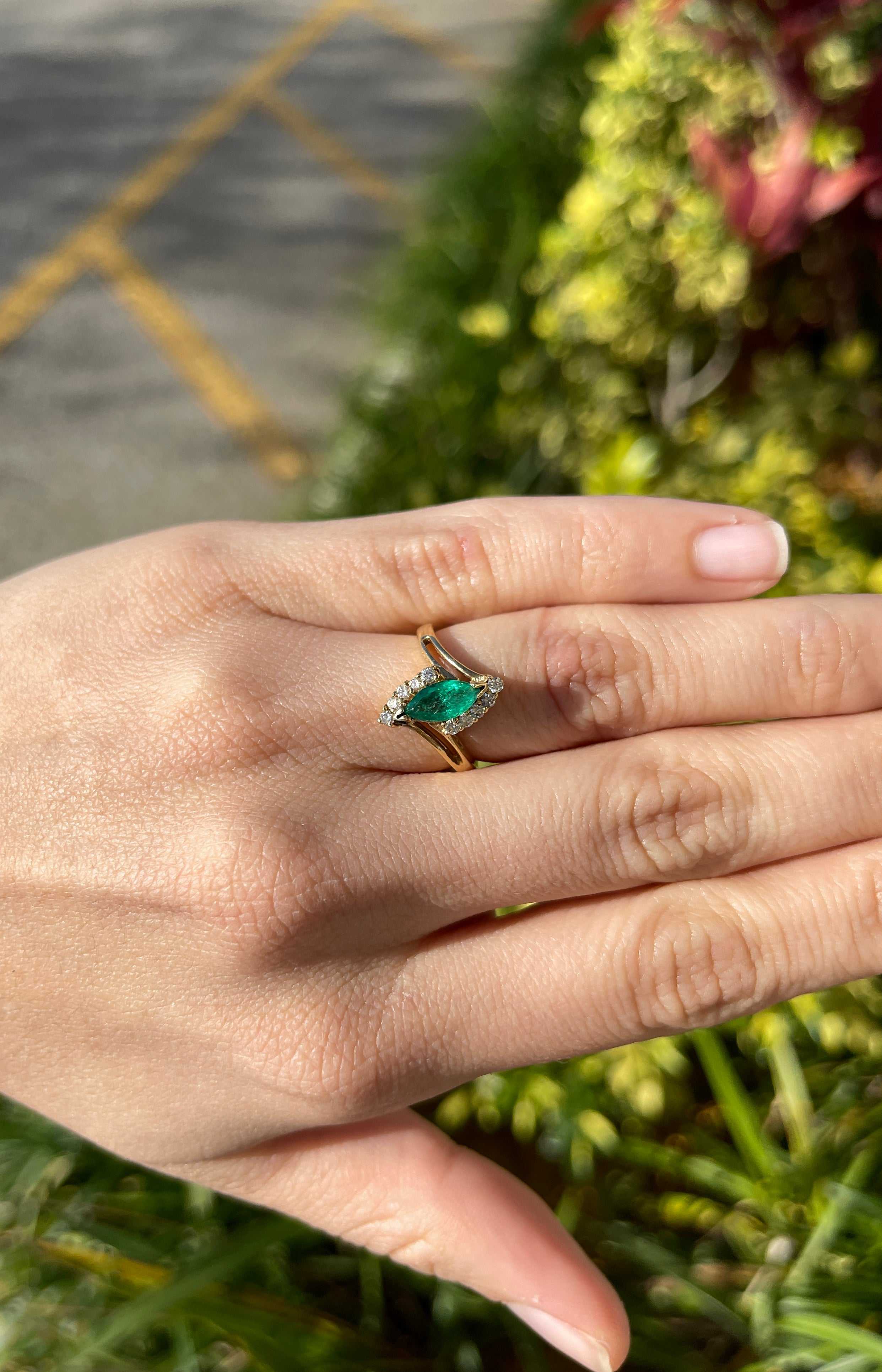 Emerald & Diamond Statement Bypass Ring 14K