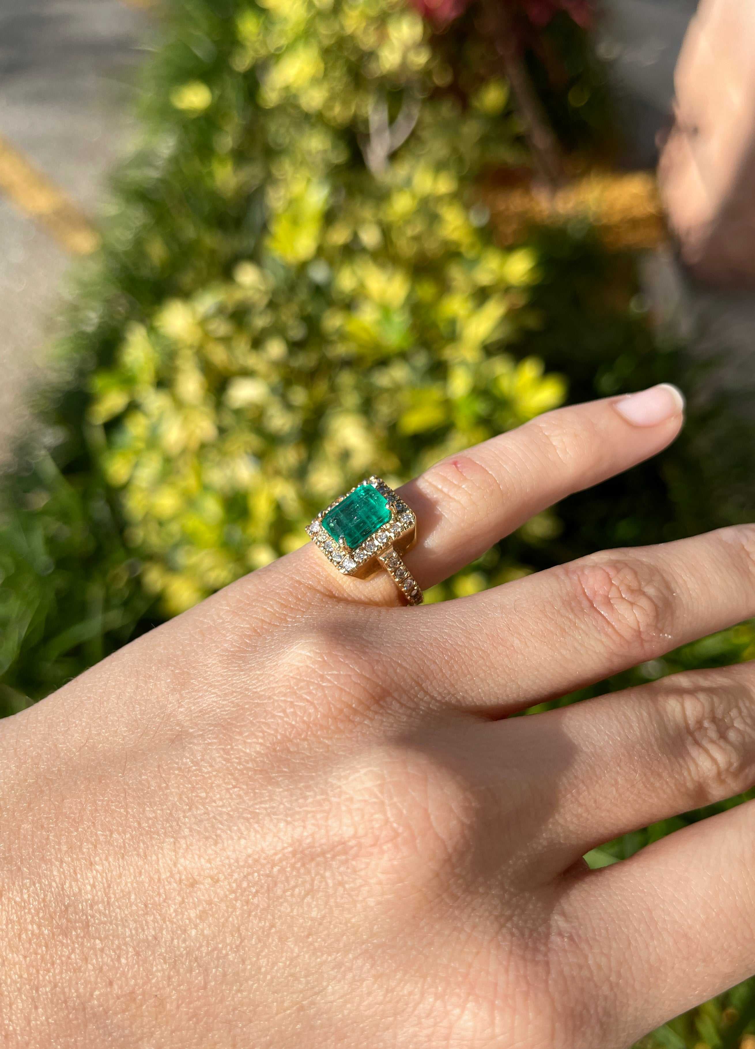 3.66tcw Vintage Handmade Rich Sea Green Emerald & Diamond Halo Halo with Accent Ring - JR Colombian Emeralds