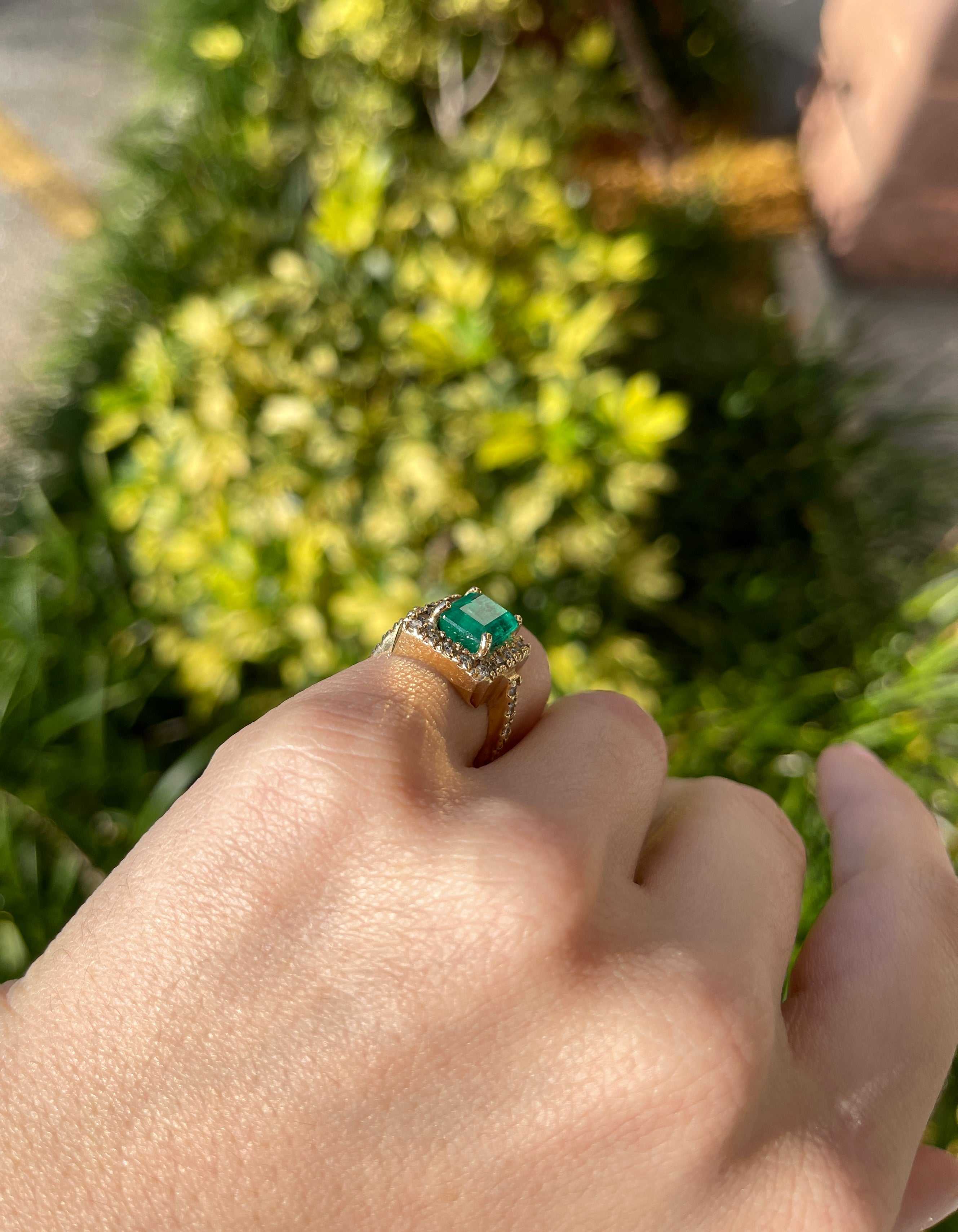 3.66tcw Vintage Handmade Rich Sea Green Emerald & Diamond Halo Halo with Accent Ring - JR Colombian Emeralds