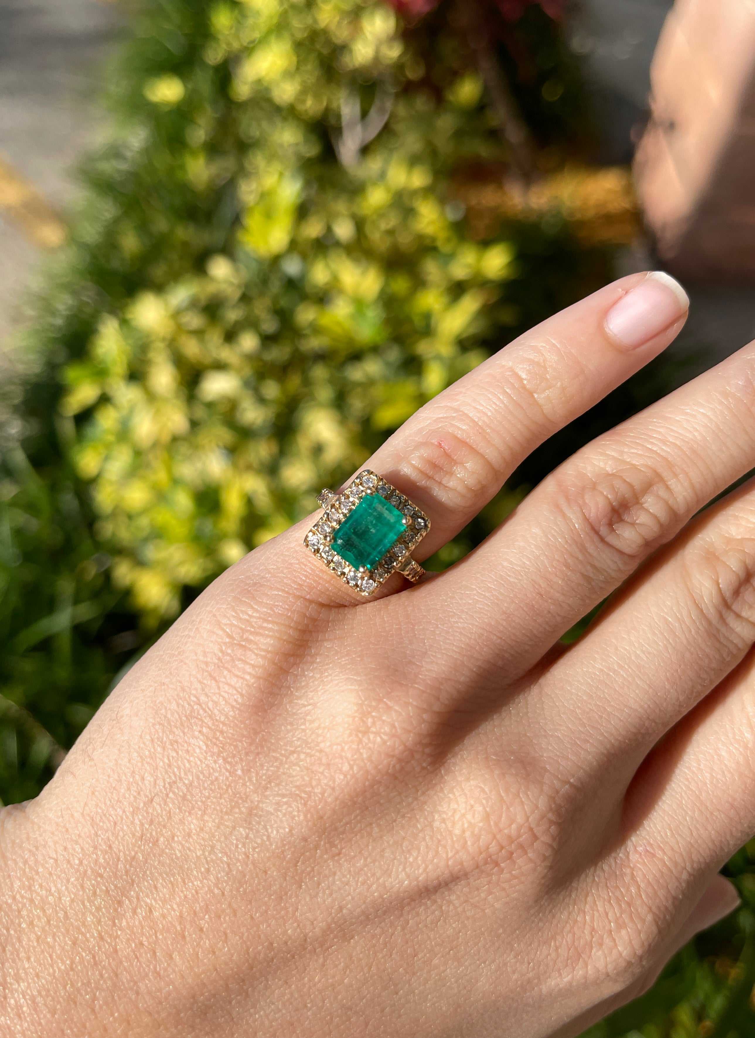 3.66tcw Vintage Handmade Rich Sea Green Emerald & Diamond Halo Halo with Accent Ring - JR Colombian Emeralds