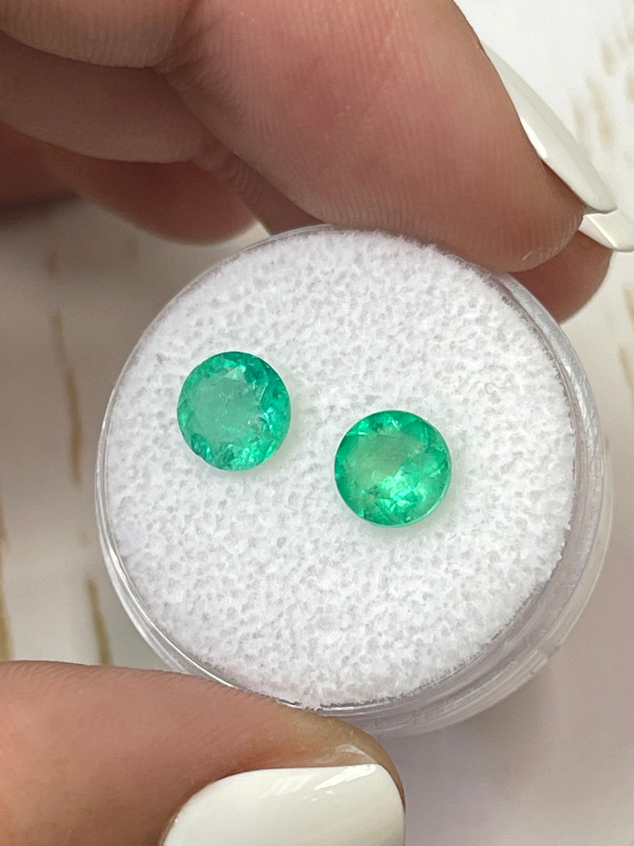Yellow-Green Colombian Emeralds - 2.06 Carats Total Weight - Perfectly Matching Round Loose Stones