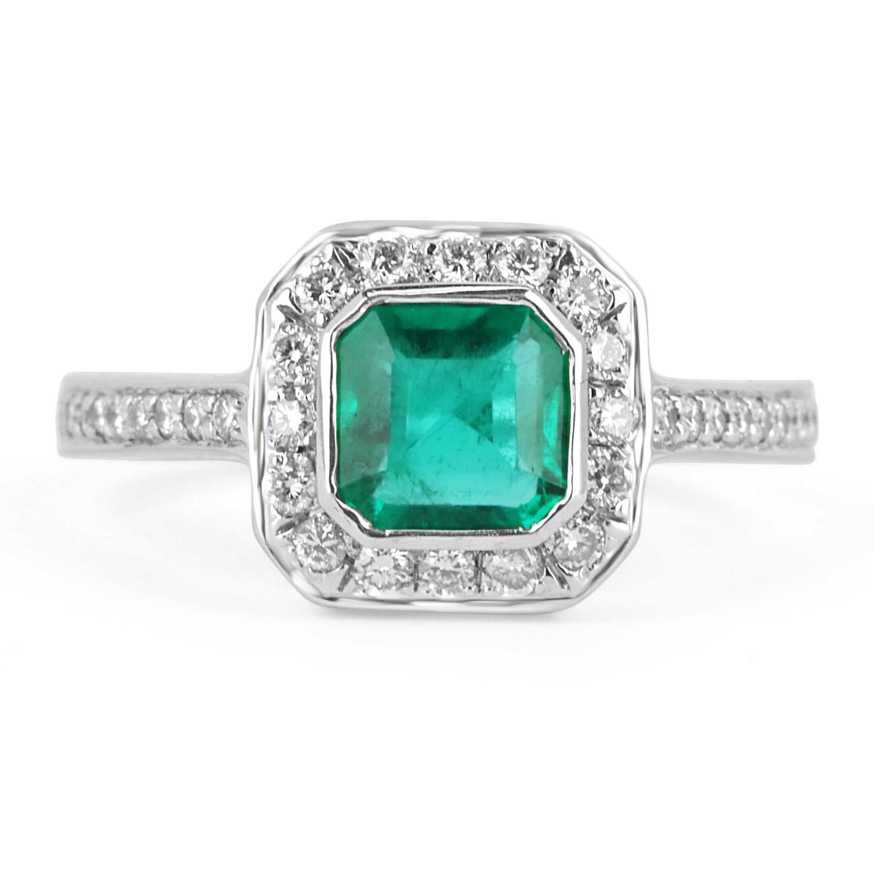 1.37tcw Square Real Emerald & Round Diamond Halo With Accent Bezel Ring 14K