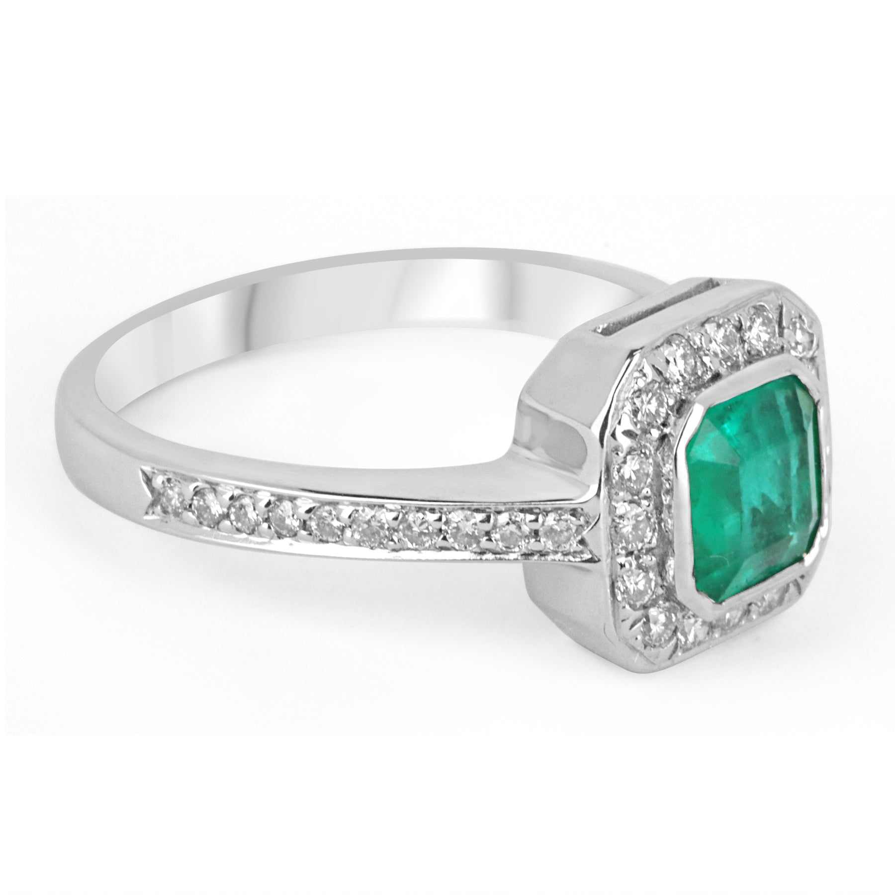 1.37tcw Square Real Emerald & Round Diamond Halo With Accent Bezel Ring 14K White Gold