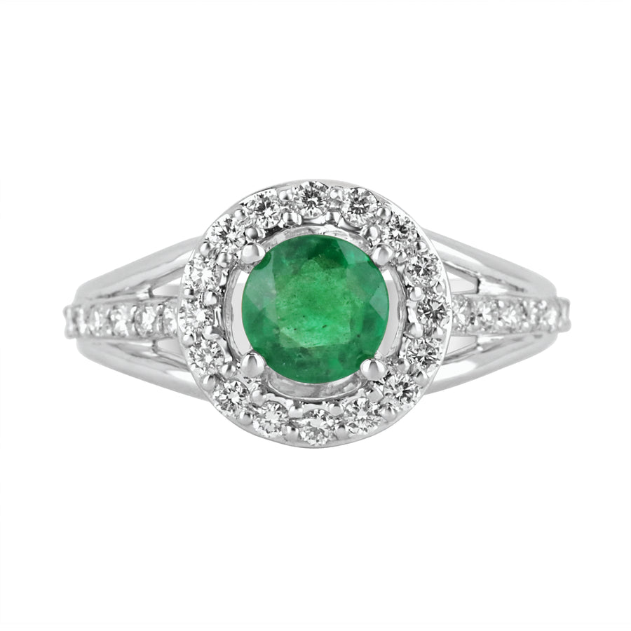 Elegance Personified: 1.32tcw Natural Emerald & Diamond Halo Engagement Ring in 14K Gold