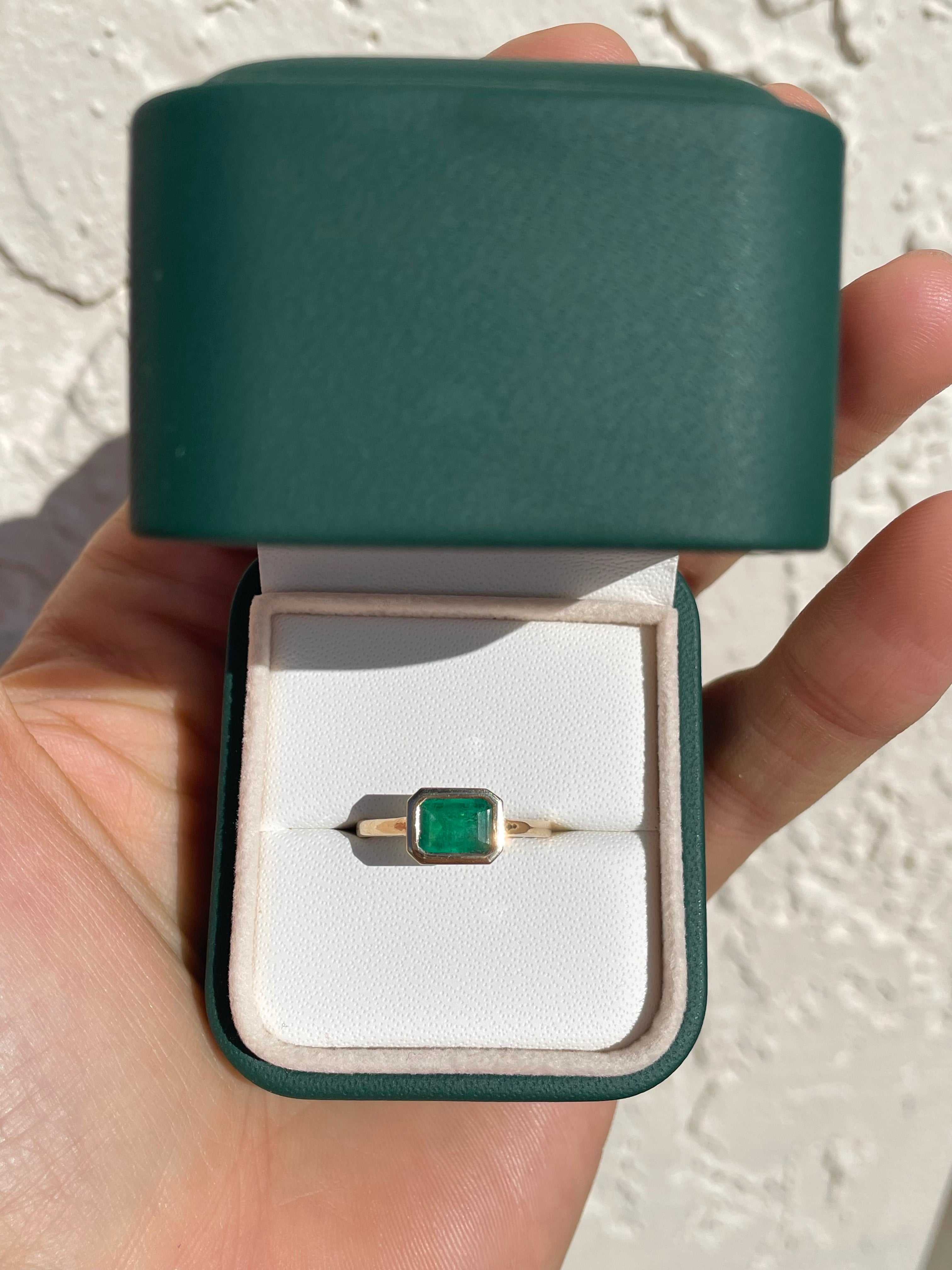 Dark Green 1.0ct Bezel East to West Dark Green Emerald Cut Solitaire Ring 14K gift