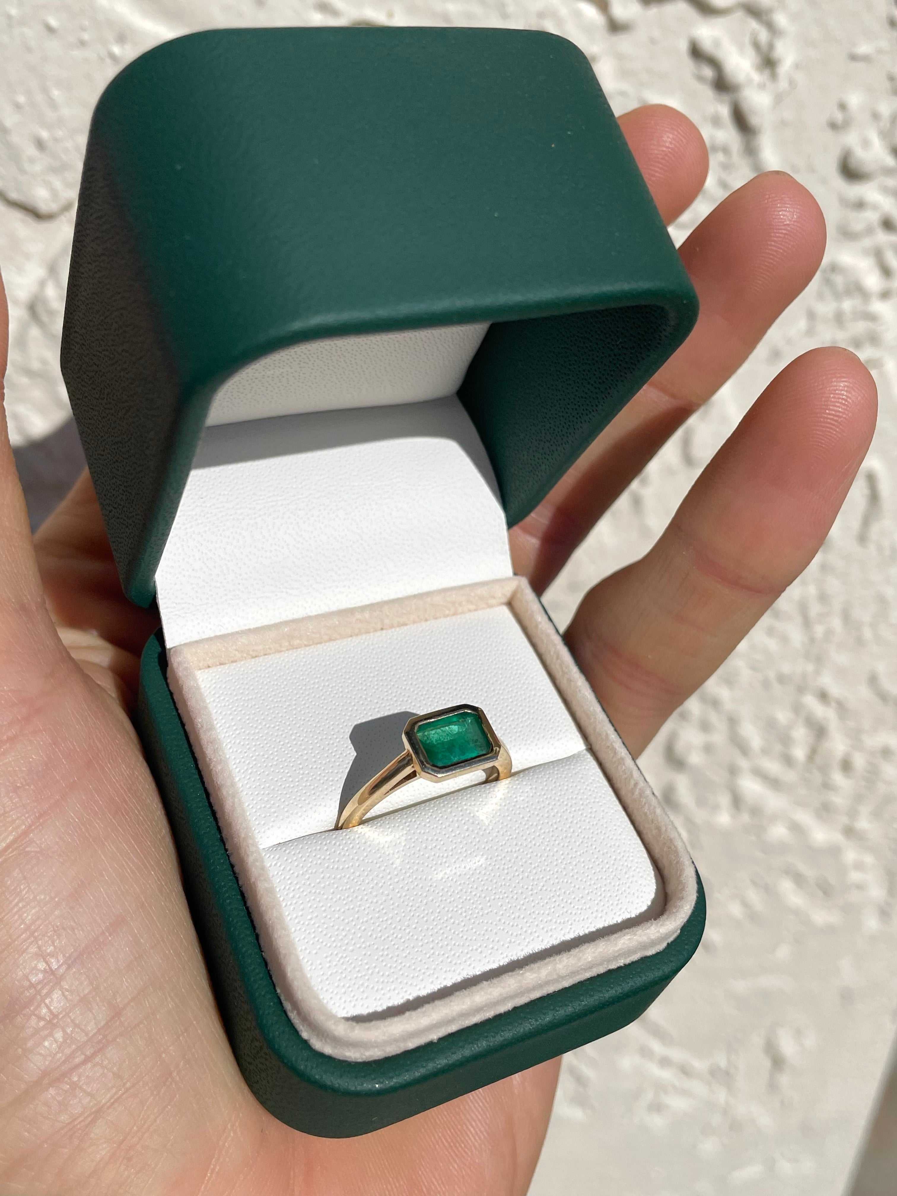 Dark 1 CARAT Bezel East to West Dark Green Emerald Cut Solitaire Ring 14K