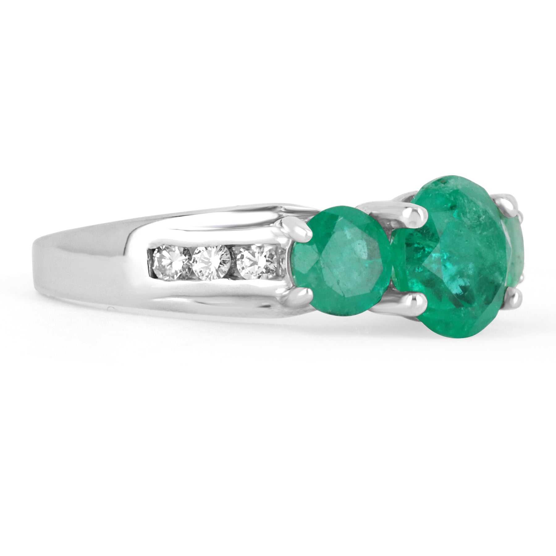 3.55 Carat Round cut Colombian Emerald & Diamond Accent Three Stone Engagement Ring gold 14K 