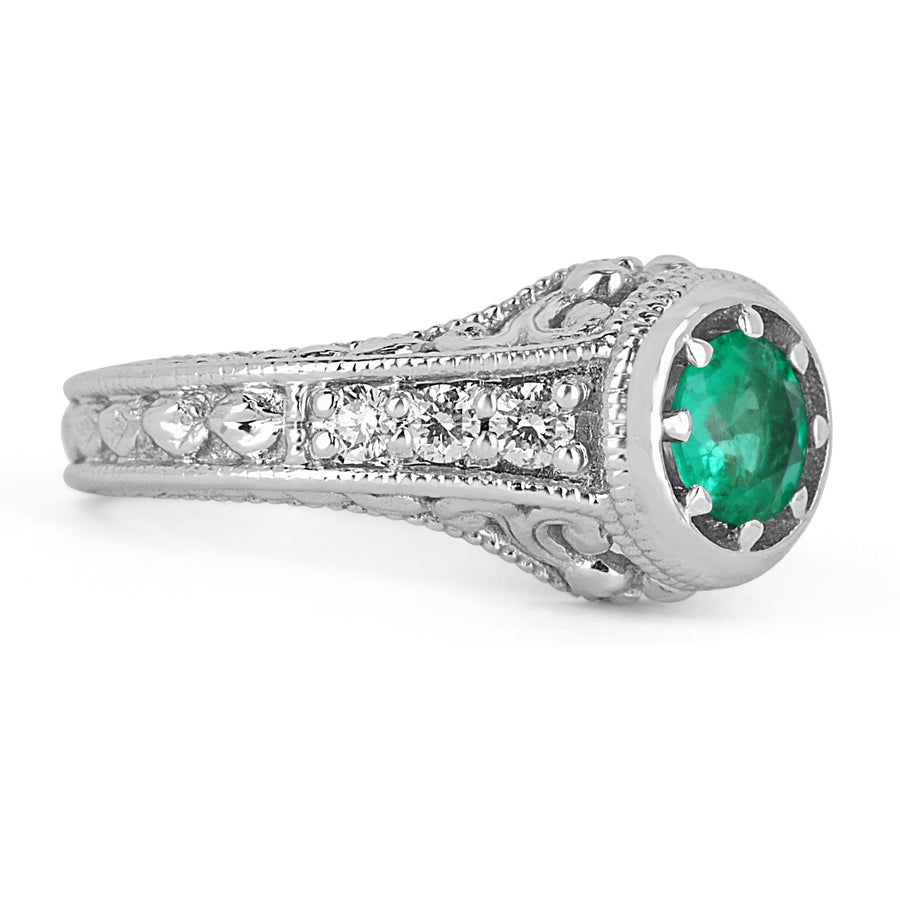 14k Vintage Round Emerald & Diamond Engagement Ring 0.98TCW