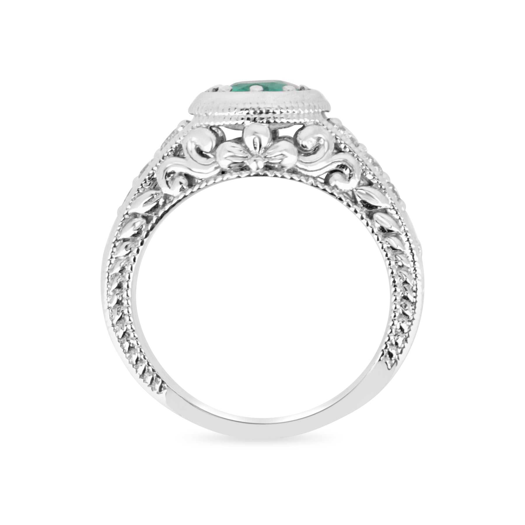 0.98tcw Scroll Hand Work Vintage Round Emerald & Diamond Engagement Ring 14K