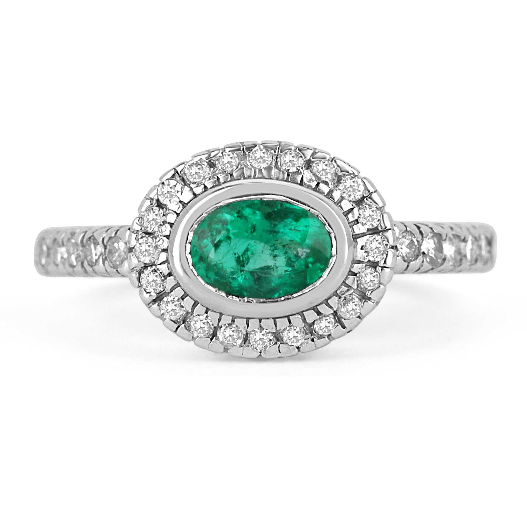 1.68tcw East to West Oval Dark Emerald & Diamond Accent Bezel Ring 14K