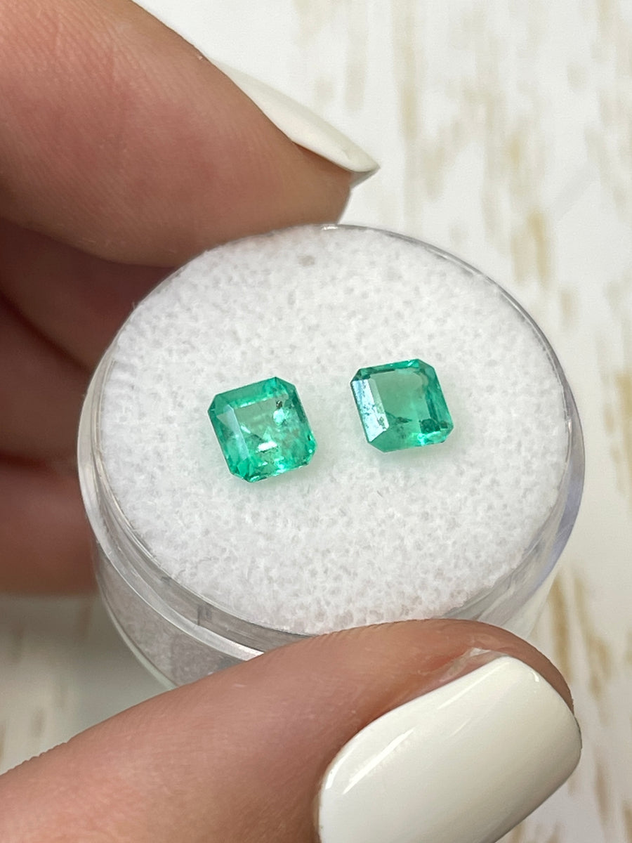Bluish Green Asscher Cut Colombian Emeralds - Total Carat Weight 1.45 - Loose Gemstone Duo