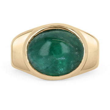 6.23 Carat Natural Emerald Cabochon Rich Green Unisex Ring 14K