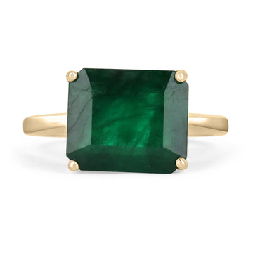 4.79 Carat Dark Green Natural Emerald Solitaire East to West Ring Yellow Gold 14K