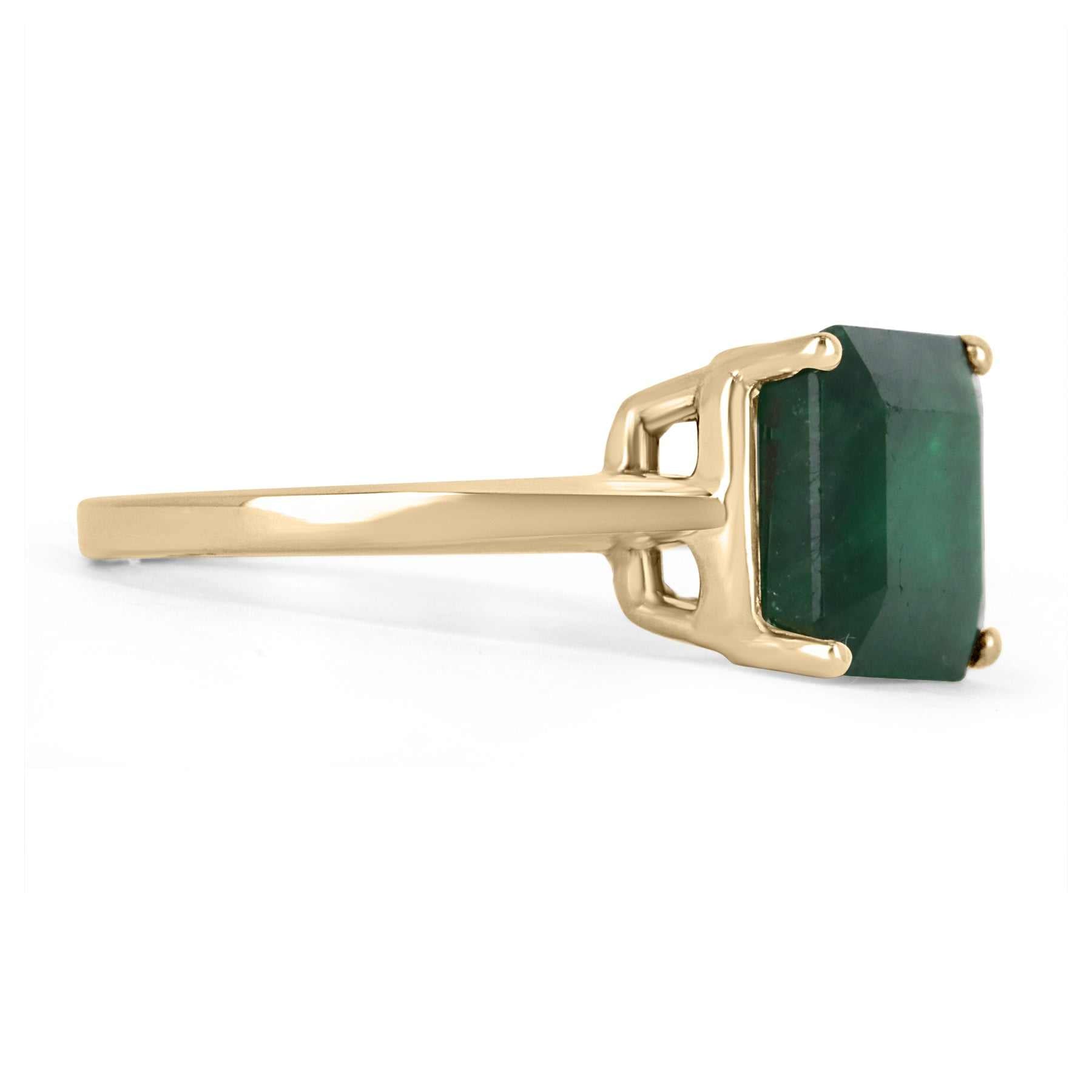  Dark Green Natural Emerald Solitaire East to West Ring Yellow Gold 14K