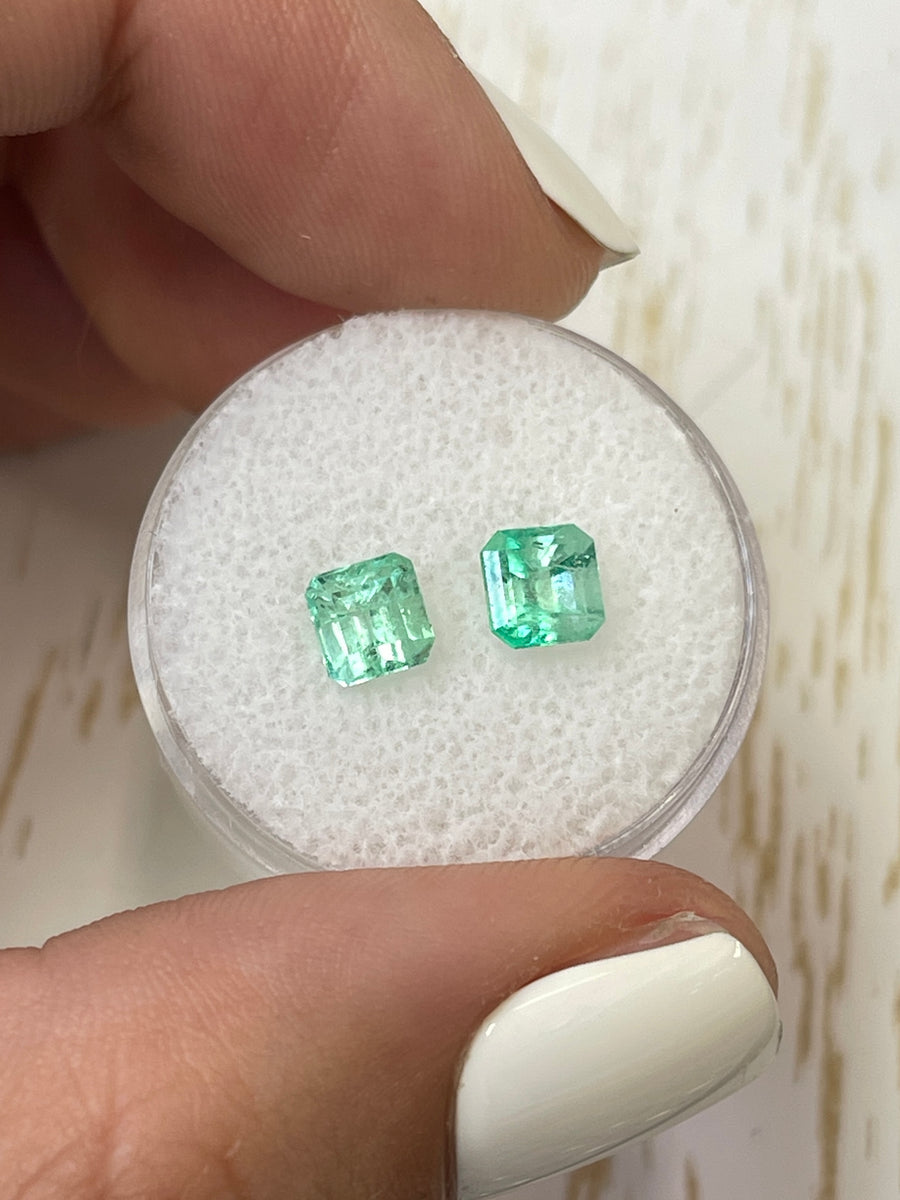 Two Light Green Colombian Emeralds - 1.58 Total Carat Weight - Asscher Cut 5.5x5.5