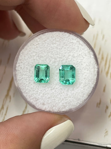 Pair of 6.5x5 Loose Colombian Emeralds - Emerald Cut, Bluish-Green, 1.98 Total Carat Weight
