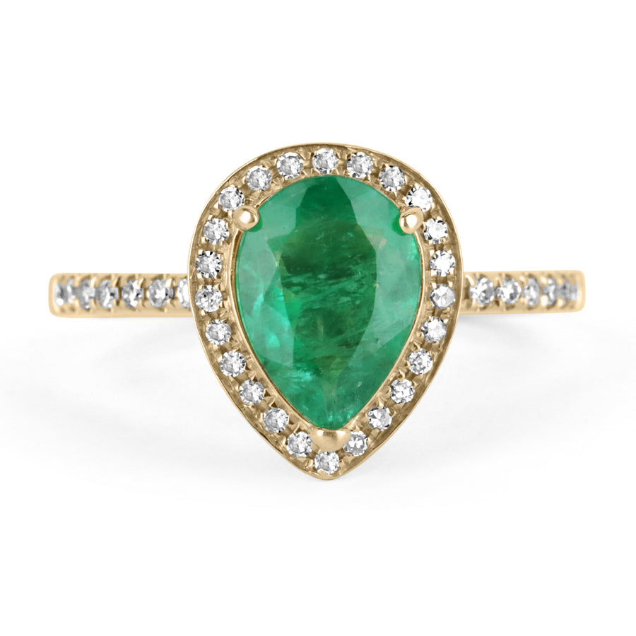 1.43tcw Teardrop Dark Green Natural Emerald Halo Engagement Ring 14K