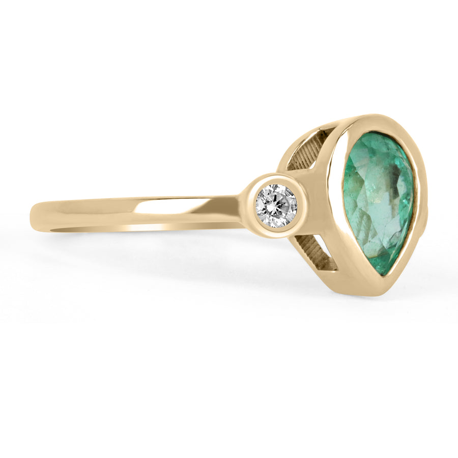 Radiant 14K Gold Ring with 1.20tcw Bezel Set Tear Drop Colombian Emerald & Diamond - Modern Three Stone Beauty