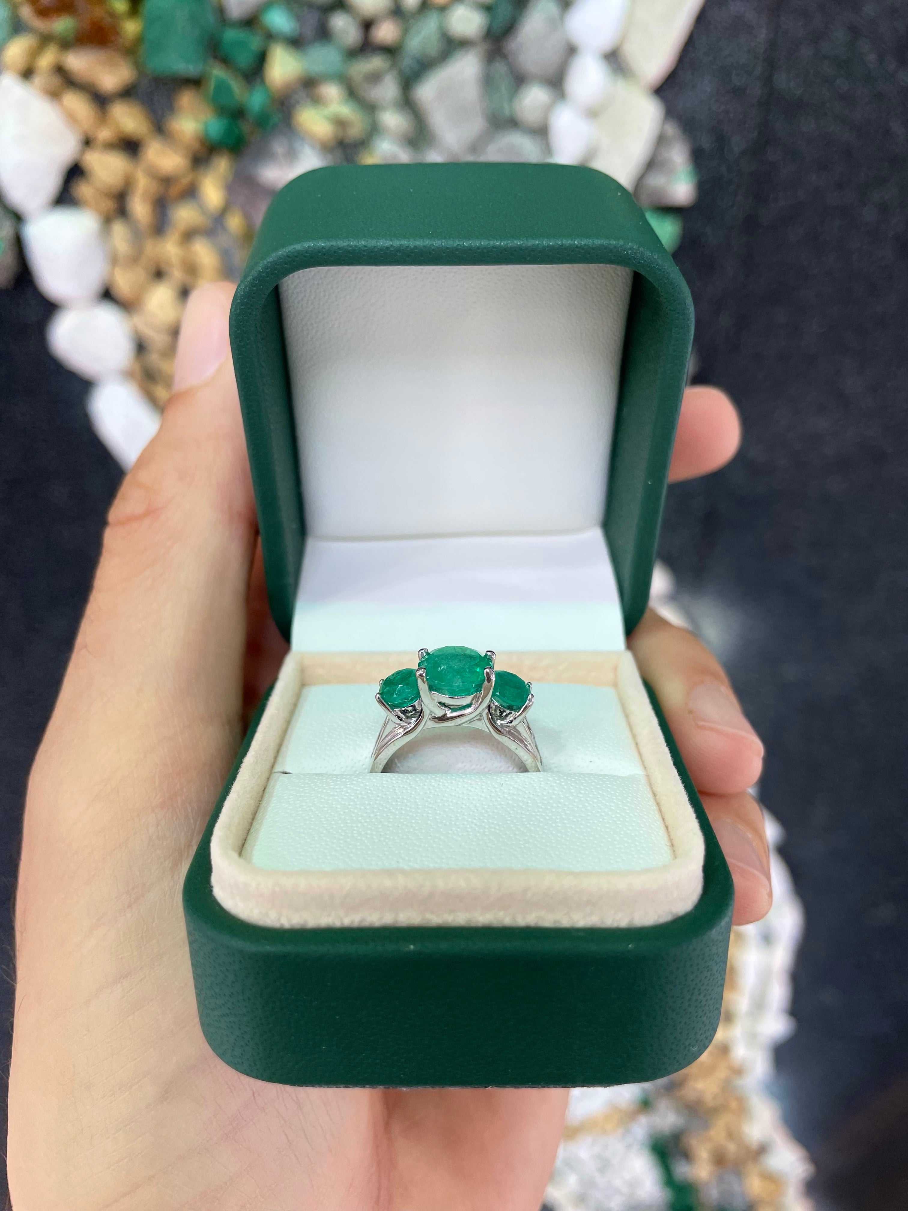 3.55tcw Round Colombian Emerald & Diamond Accent Three Stone Ring 14K - JR Colombian Emeralds