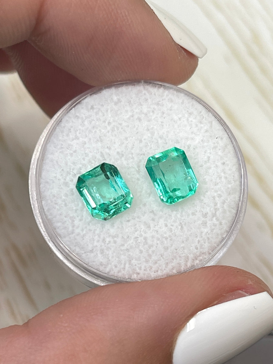 Two Matching Vibrant Green Colombian Emeralds - Totaling 2.67 Carats - Emerald Cut Stones