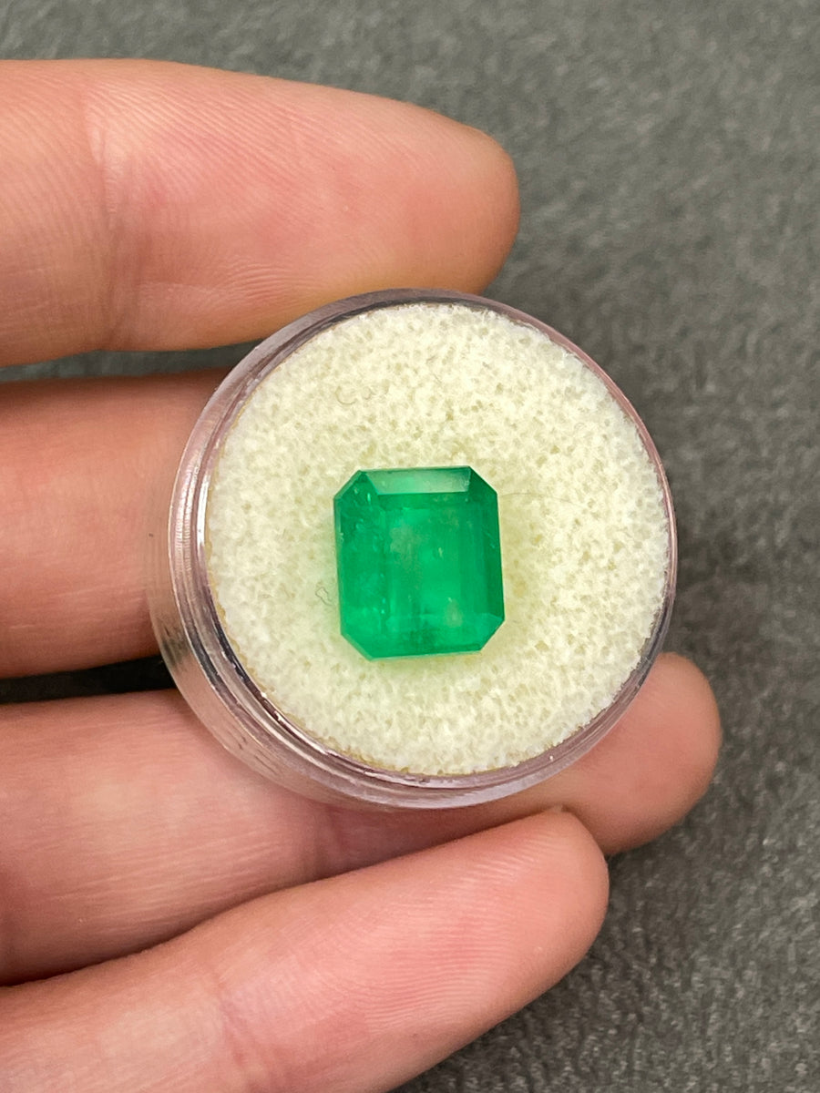 Vivid Yellowish Green 5.70 Carat Colombian Emerald in a Chunky Emerald Cut