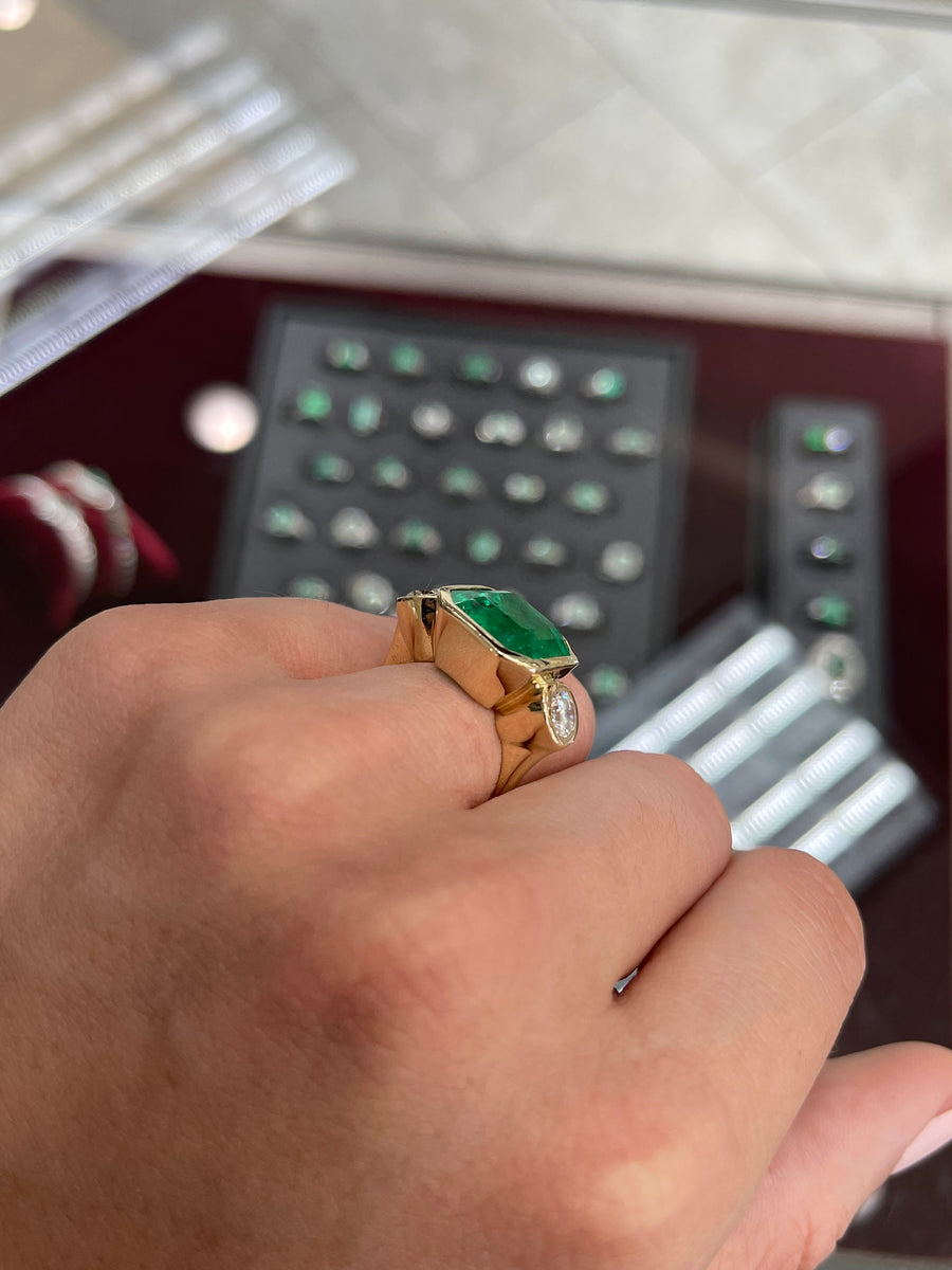 11.02tcw GIA Colombian Emerald-Emerald Cut & Diamond Three Stone Ring 18K