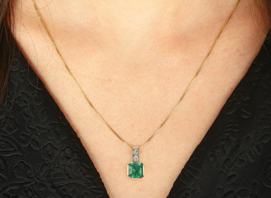 2.70tcw 18K Asscher Cut Colombian Emerald & Diamond Channel Necklace
