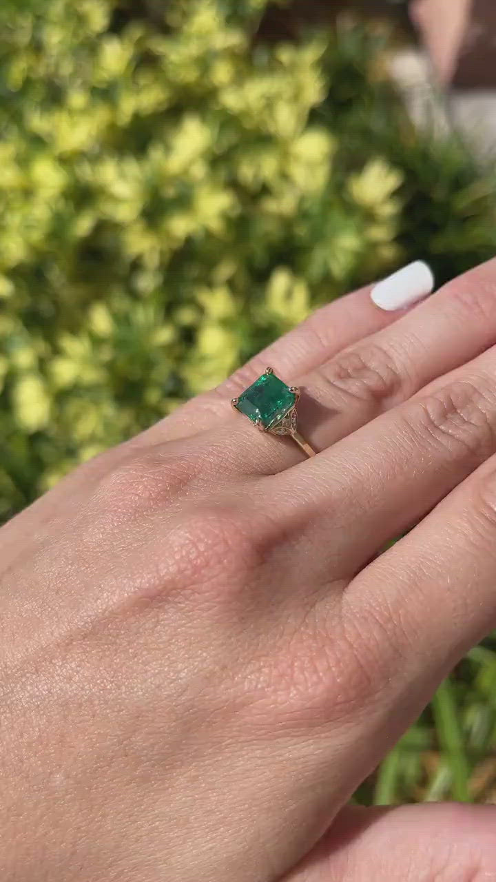 Natural Emerald Cut & Diamond Accent Floral Engagement Ring Video