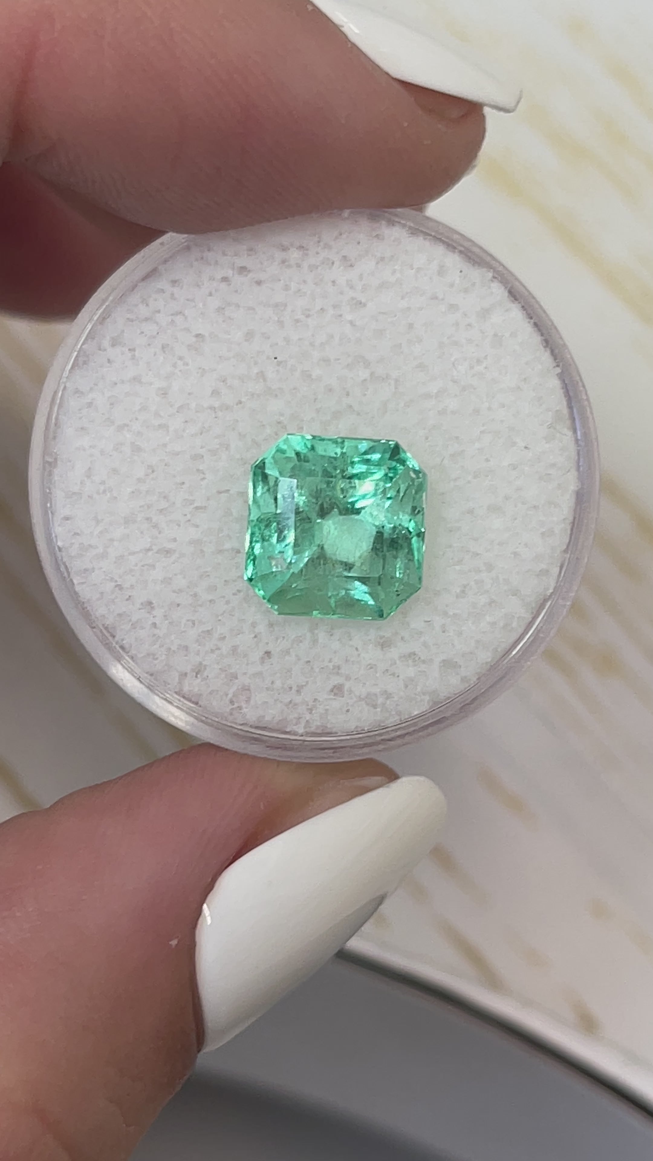 3.87 Carat 9x9 Glowy Light Green Loose Colombian Emerald-Asscher Cut with Clipped Corners