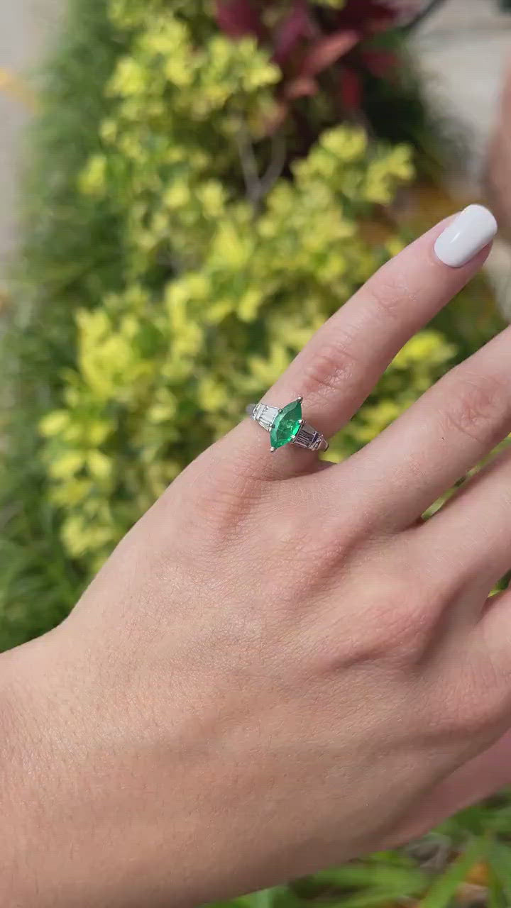 Colombian Emerald Marquise Cut & Tapered Baguette Diamond Ring Video