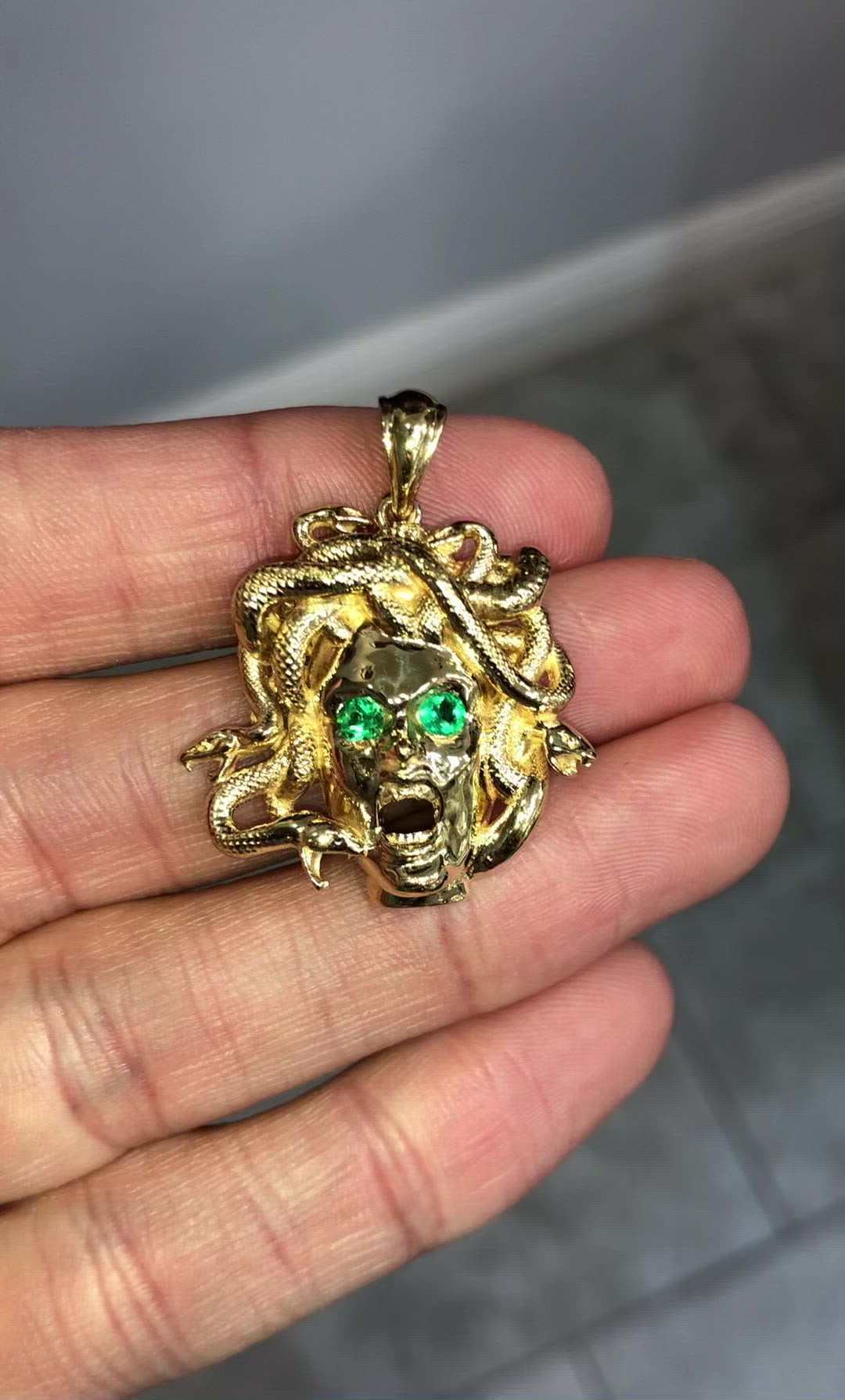 Solid Gold Emerald Medusa Sneak Head Pendant 14K Yellow Gold video