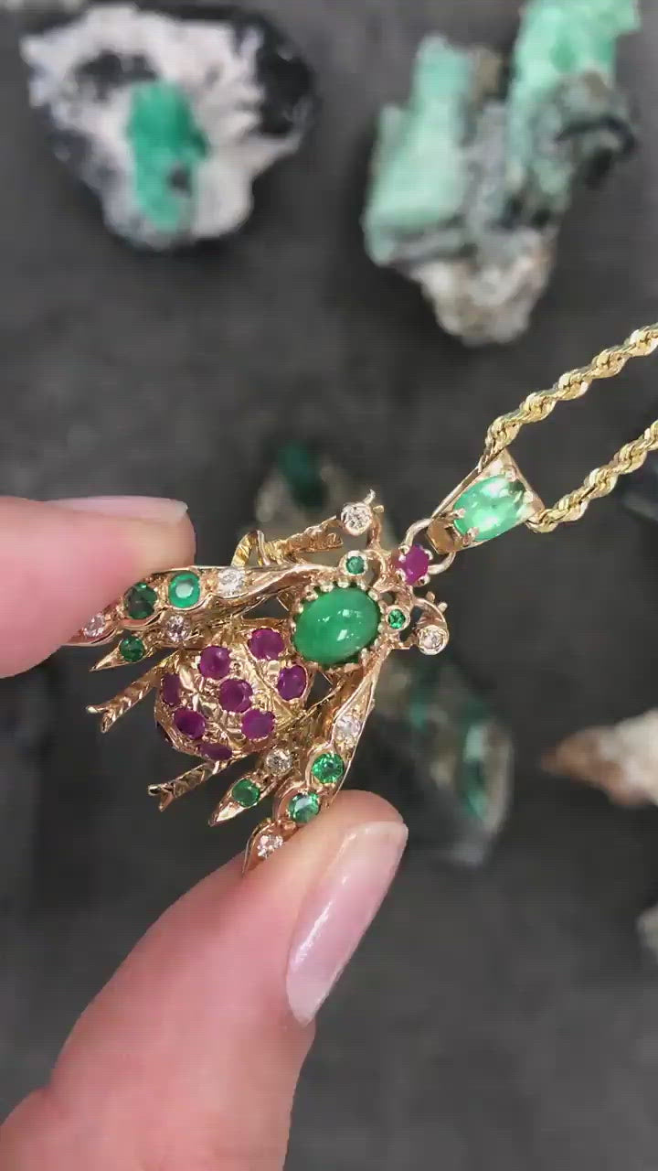 4.14tcw Emerald Ruby Diamond 14k Gold Bug Bee Insect Necklace video