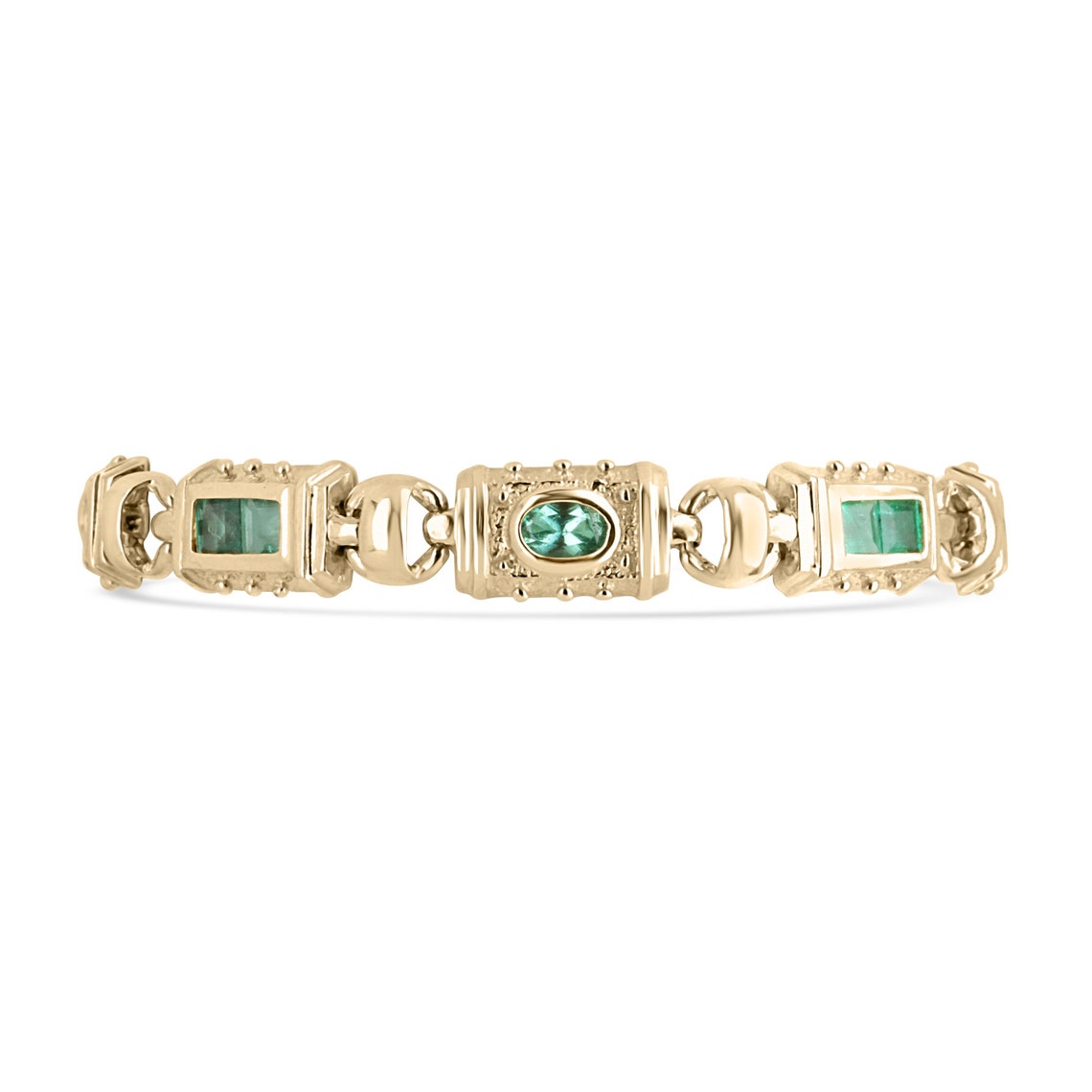 Colombian Emerald 14K gold bracelet with multi-gemstone emeralds, Asscher and oval cuts, remaining balance of 4.90 tcw.