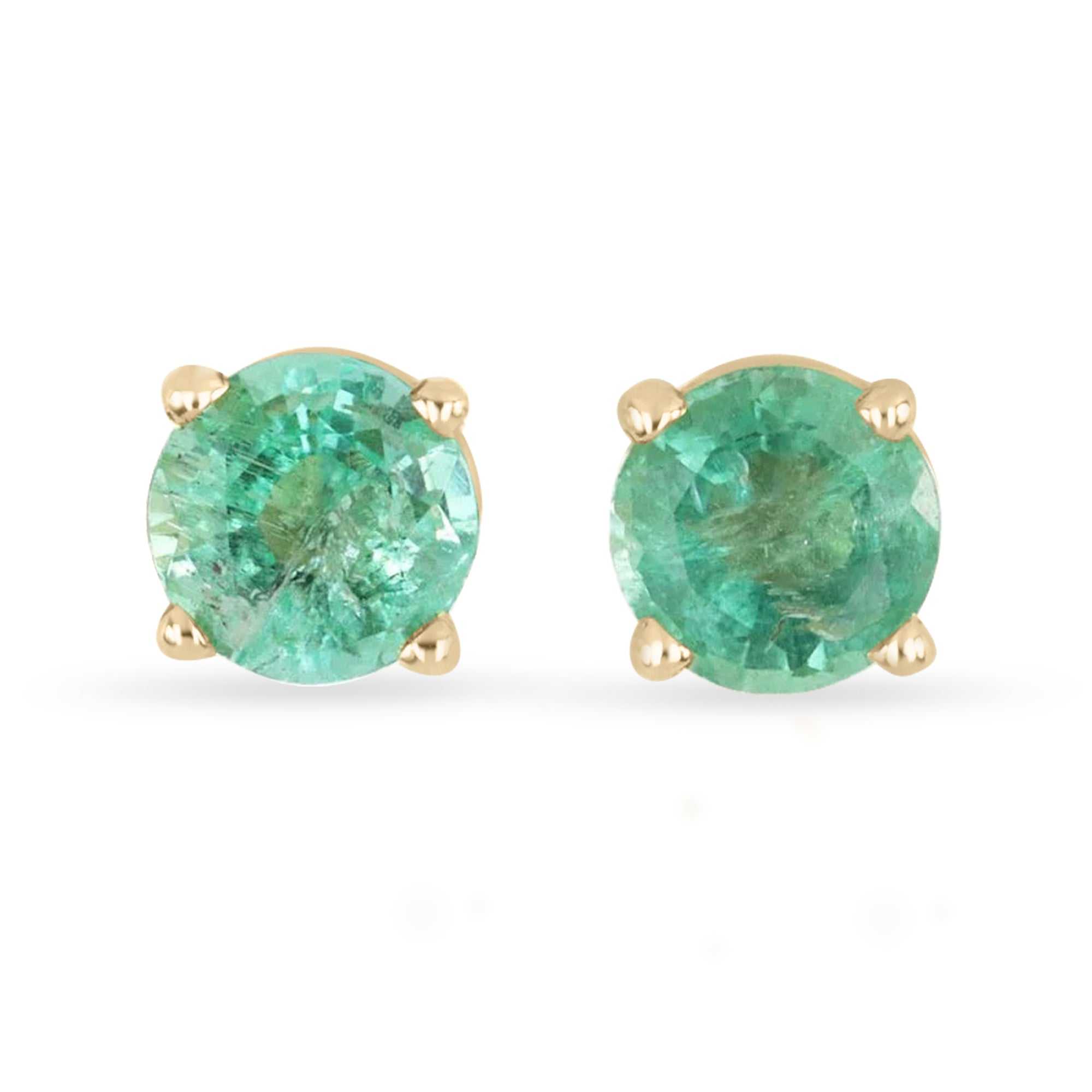 Timeless natural emerald round cut prong earrings set in 14K yellow gold