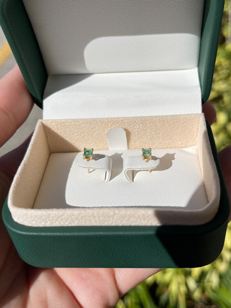 Colombian Emerald earrings with 0.45 carats petite princess Asscher cut emerald studs in 14K gold.