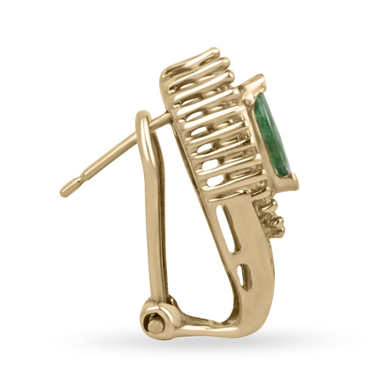 Natural dark green emerald and diamond accent lever back earrings in 14K gold by Colombian Emerald, showcasing elegant jewelry design.