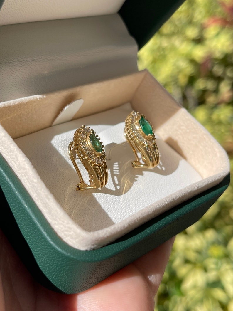 Natural dark green emerald and diamond accent lever-back earrings in 14K gold by Colombian Emerald