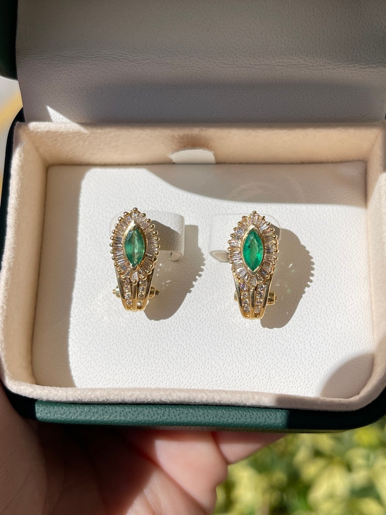 Natural dark green emerald and diamond accent lever-back earrings in 14K gold by Colombian Emerald.