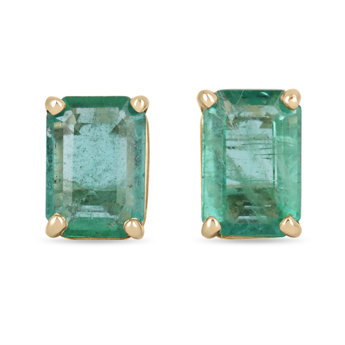 Colombian Emerald 14K gold stud earrings featuring 1.81 carats of natural emerald cut May birthstone gemstone.