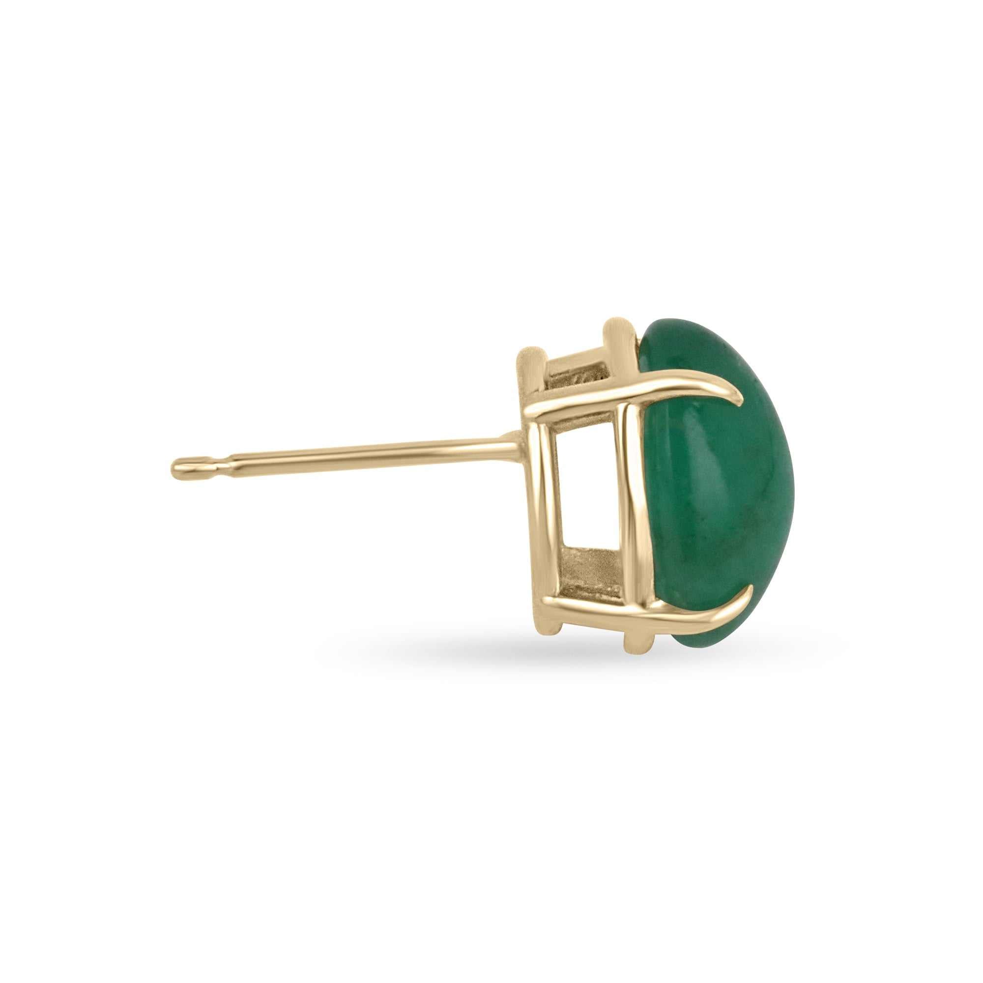 Dark forest green emerald cabochon oval cut earrings in 14K gold, Colombian Emerald brand, showcasing elegant gemstone design.