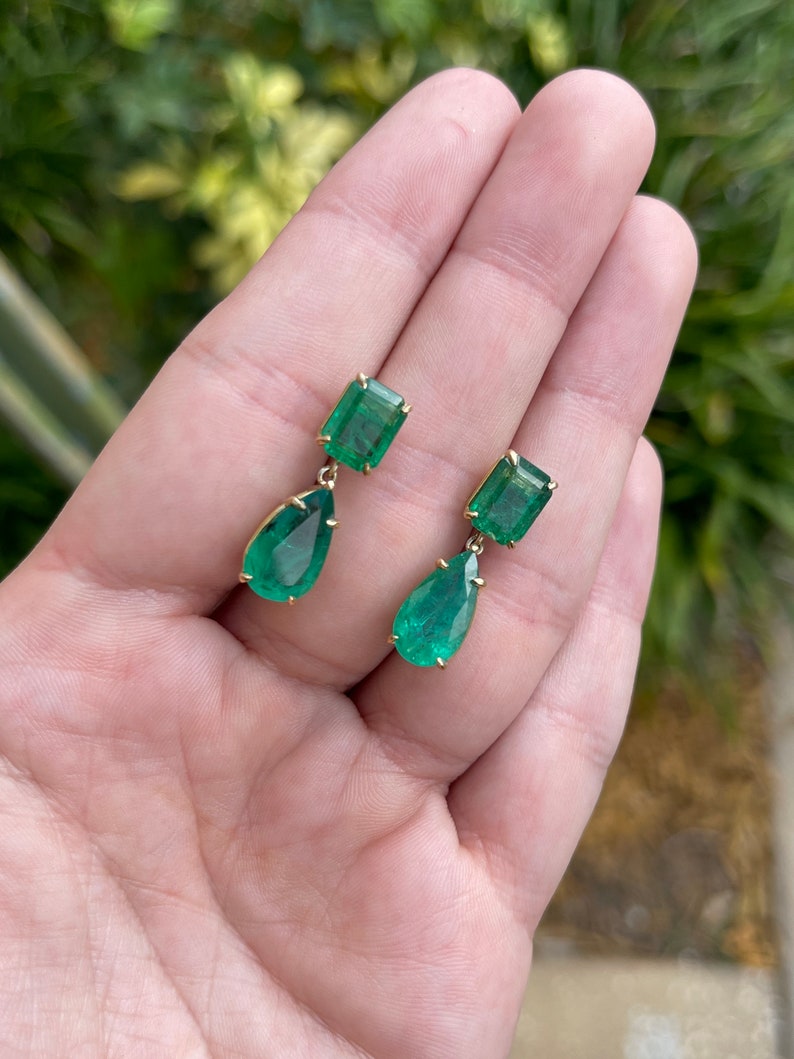 Colombian Emerald 11.26tcw dark vivid green pear cut dangle earrings with gold setting