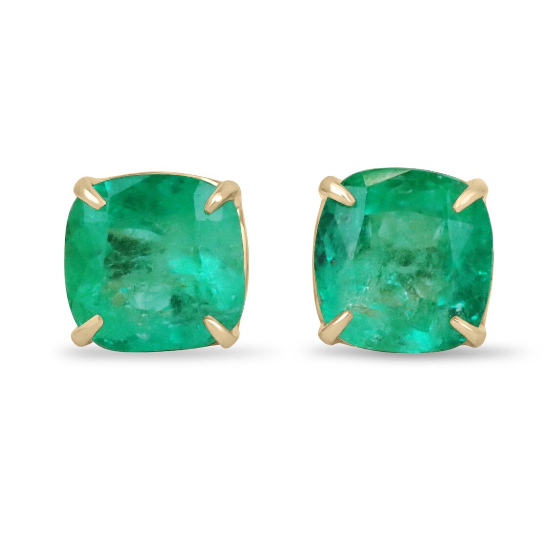 Colombian Emerald earrings with 11.80tcw AAA cushion-cut emeralds in 18K gold, featuring four-prong setting and elegant design.