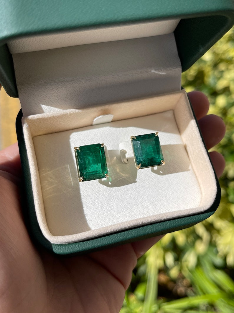Colombian Emerald 18K gold earrings featuring large AAA emerald stud statement heirloom jewelry.