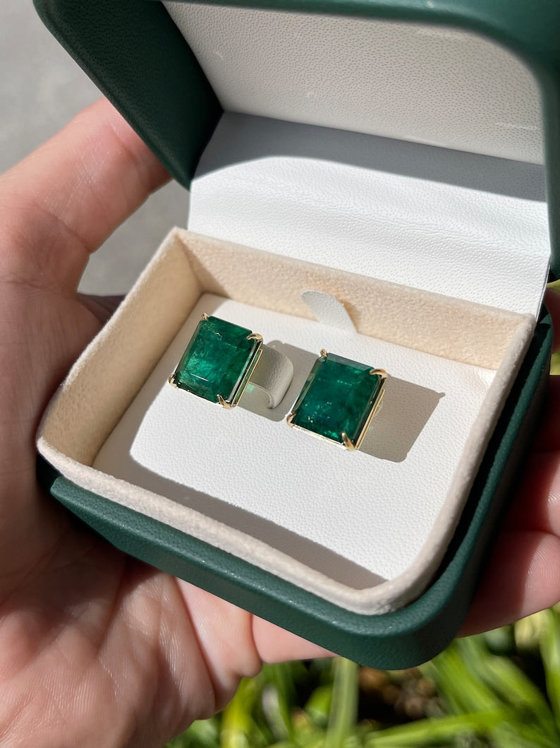 Large 18K gold Colombian Emerald stud earrings with 18.04 carats of AAA-quality emeralds, heirloom statement jewelry