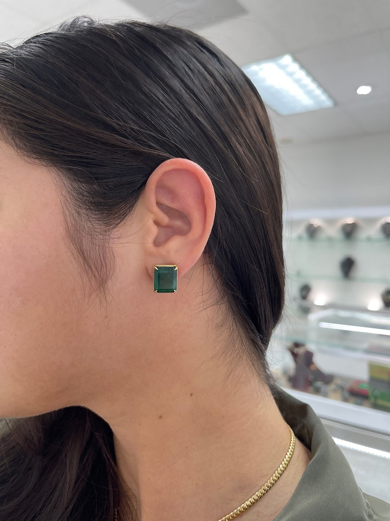 18K gold earrings with large AAA Colombian emerald studs, featuring a statement heirloom design and 18.04 tcw gemstone weight.